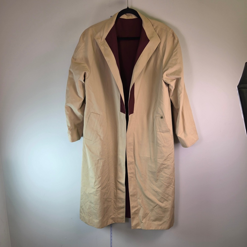 Vintage Tan Trench Coat Burgundy Trim Longline Duster Mens XL